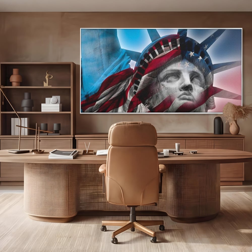 Tablou canvas cu statuia libertatii suprapusa cu steagul american, in rama de aluminiu argintiu, pe perete intr-un birou